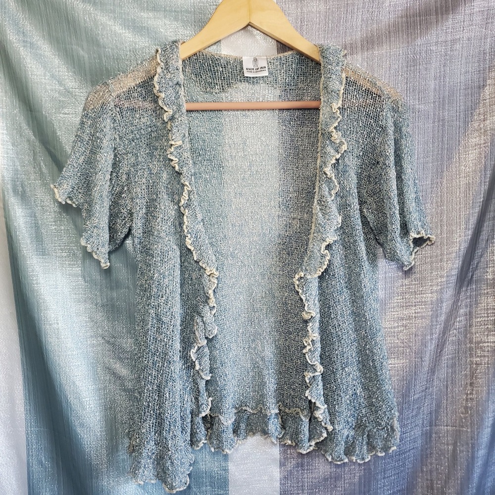 Knot of Isis Blue Marled Ruffle Open Front Cardigan Loose Knit Shrug Cottagecore